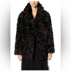 The Kooples Luxe Black Patterned Faux Fur teddy double breasted Coat SM / MED 1